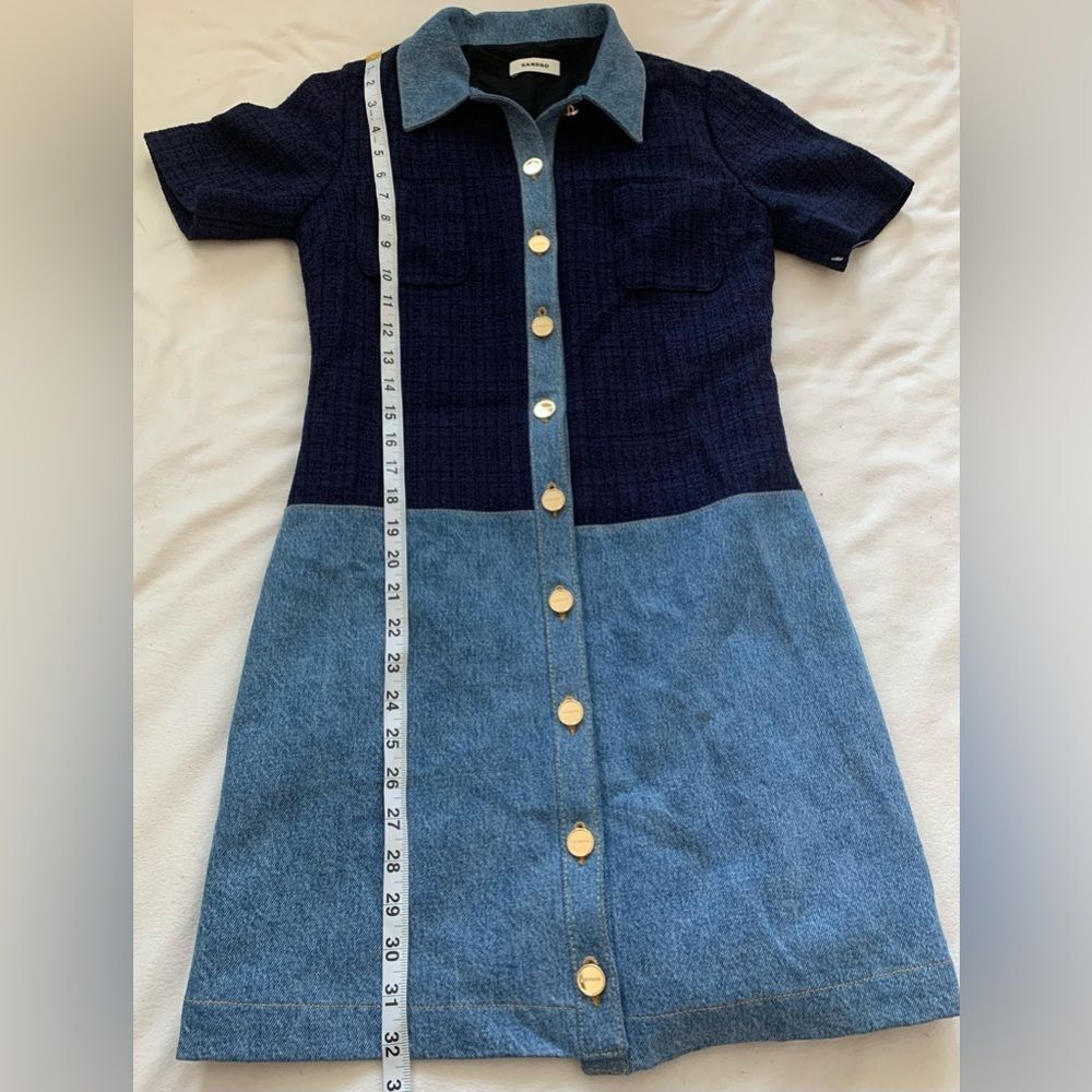 Sandro Brooke Mixed Media Shirt Dress Size US 2 / FR 34 Blue Tweed and Denim - Picture 12 of 16